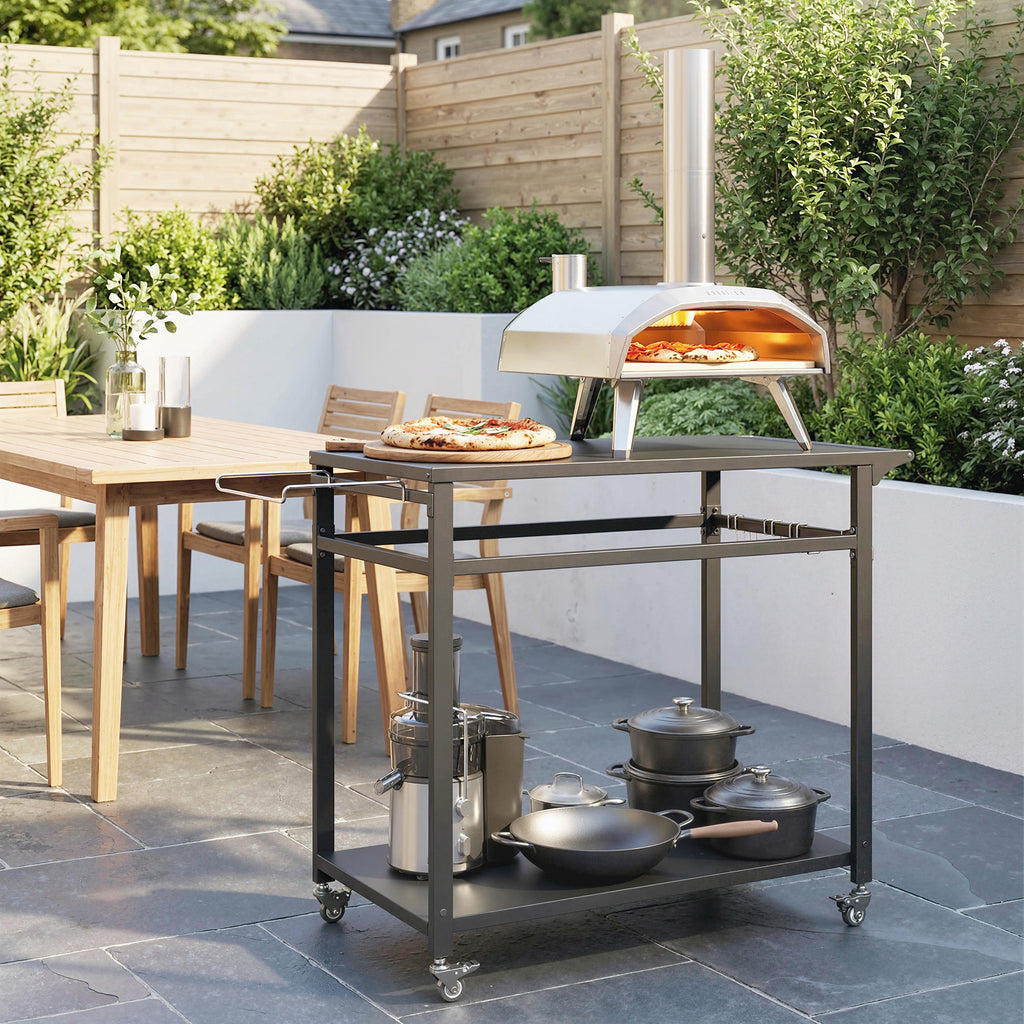 Outsunny Barbecue Cart, 2 Shelves, Pizza Stand, Bag Holder and Hooks, Black.