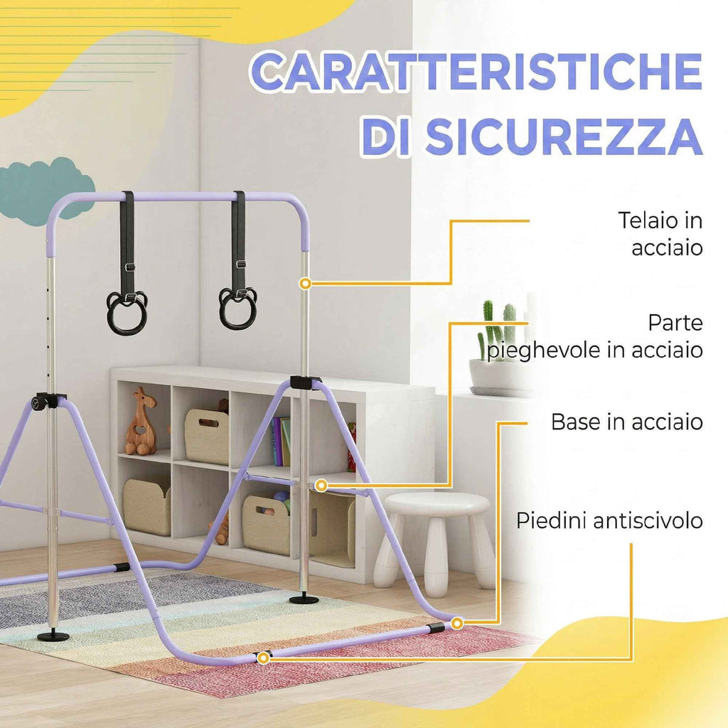 HOMCOM Height-Adjustable Gymnastics Bar for Children with 2 Rings, Steel, 148x105x88-128 cm, Purple