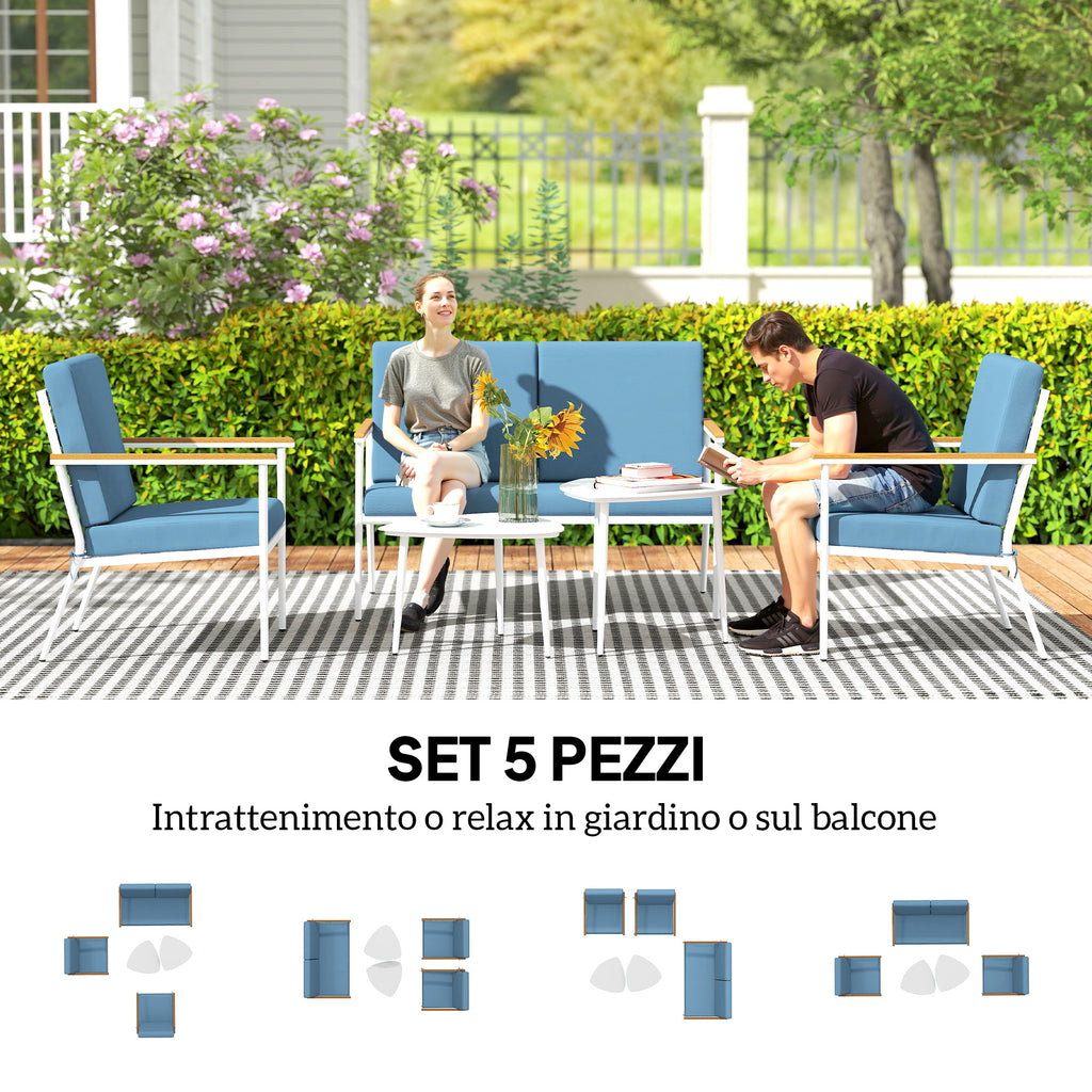 Outdoor Set with 2-Seater Sofa, 2 Armchairs and 2 Glass Coffee Tables, Light Blue