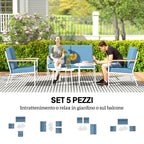Outdoor Set with 2-Seater Sofa, 2 Armchairs and 2 Glass Coffee Tables, Light Blue
