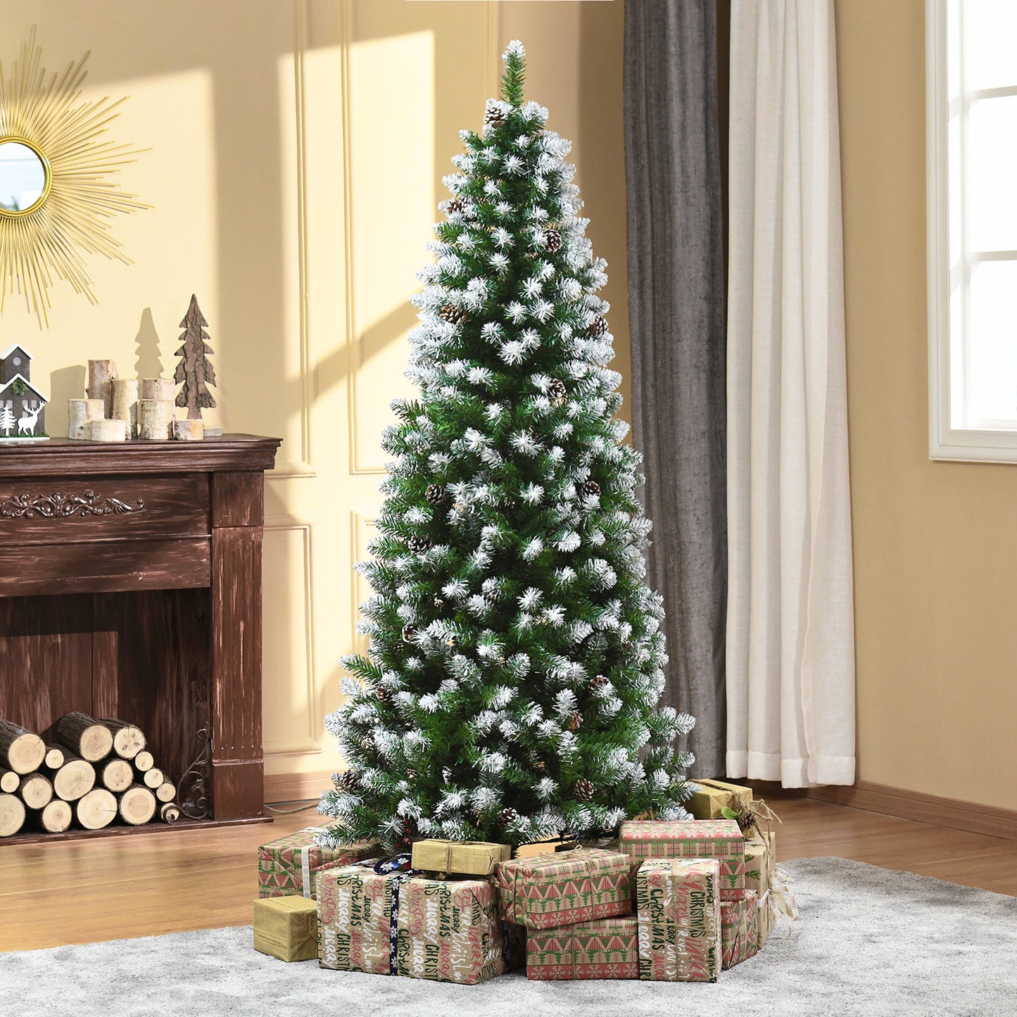 Snowy Christmas Tree 180cm with 630 Branches and 37 Pine Cones, in Plastic and Metal, Green and White