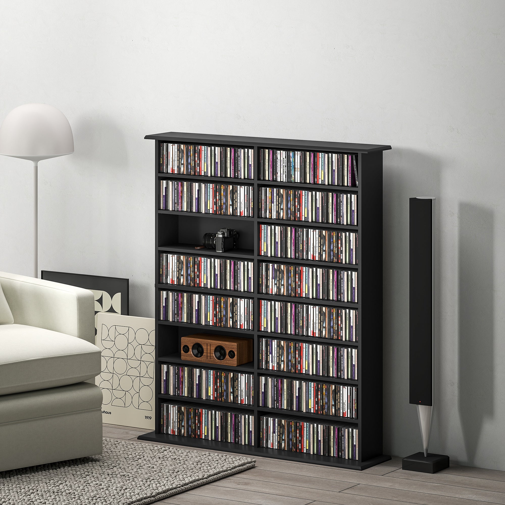 16-Tier Modern Design Wooden CD Bookcase Cabinet, 106.5x24x123.7 cm, Black