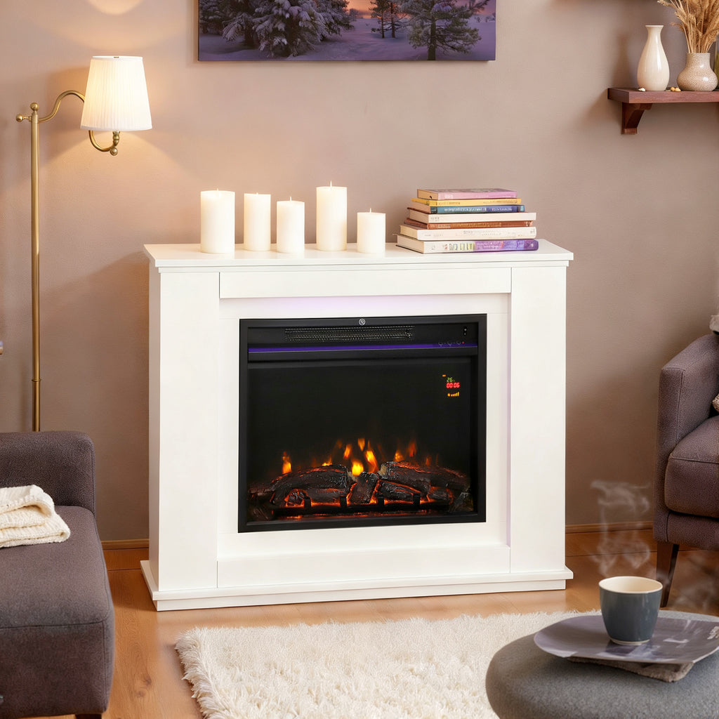 Electric Fireplace with 12 Flame Colors and 5 Brightness Levels, Remote Control and Timer, 98x25x80 cm, Black and White
