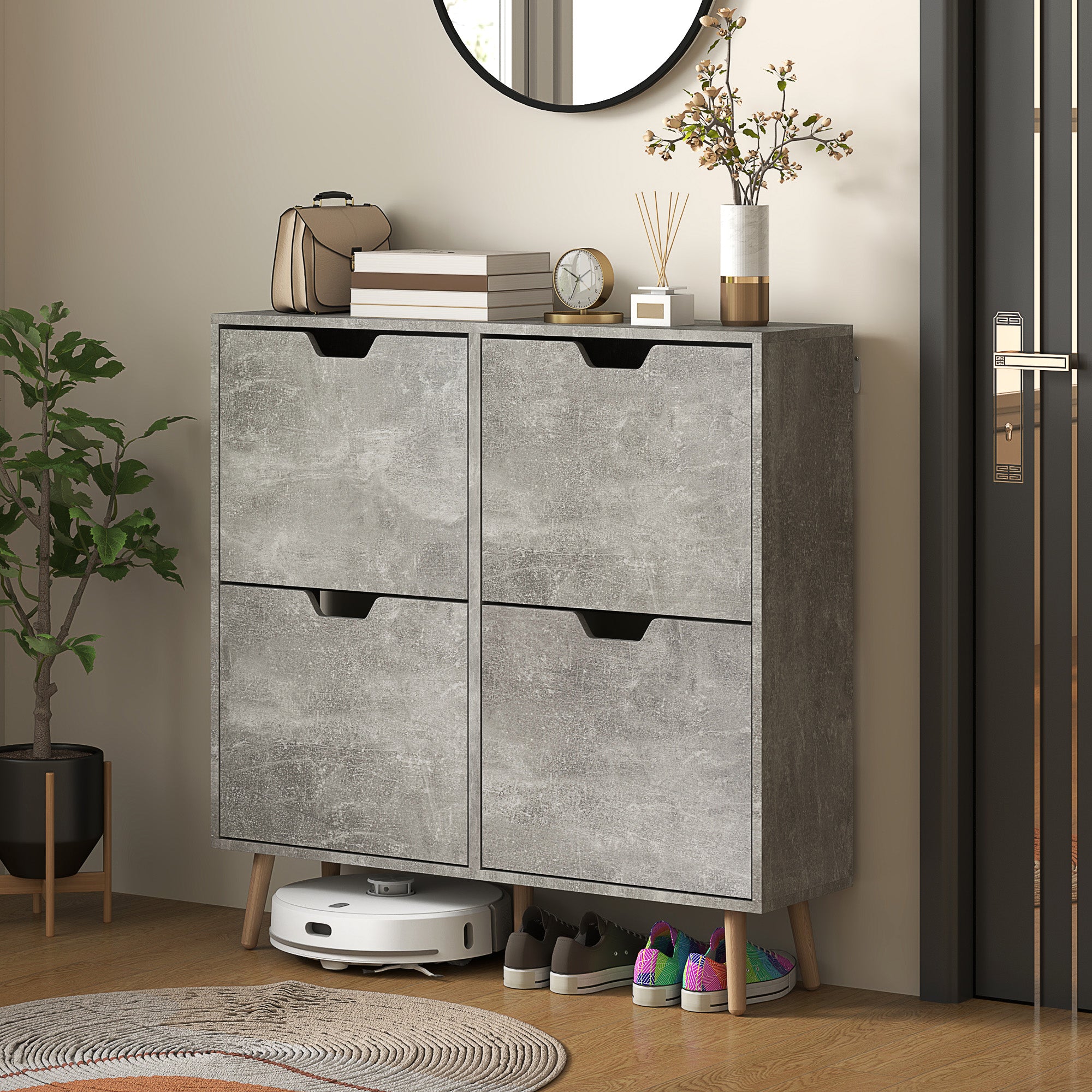 Mobile Shoe Rack with 4 Folding Drawers at 2 Levels for 16 Pairs, in Wood, 95x26x95 cm, Gray