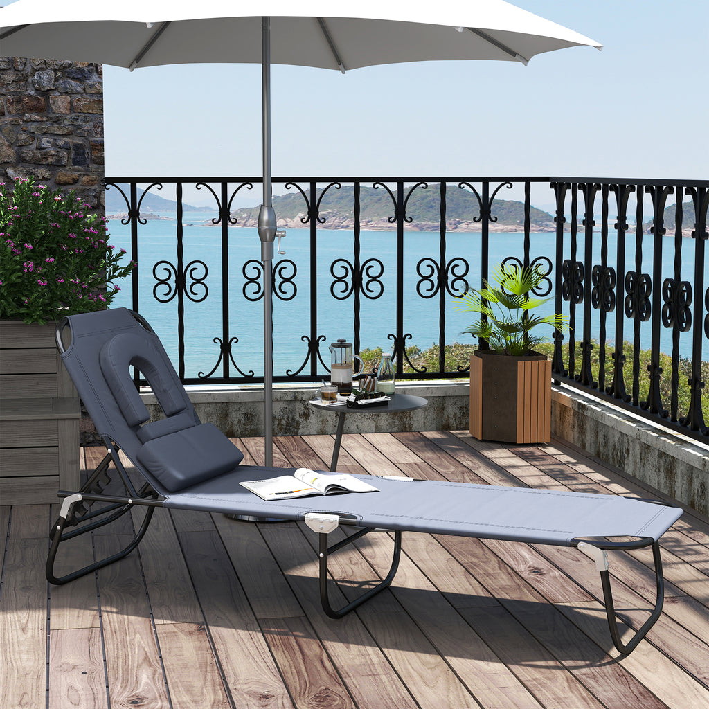Outsunny Folding Outdoor Lounger with Face Hole and Cushions, Garden Sun Lounger, Beach and Camping, Grey
