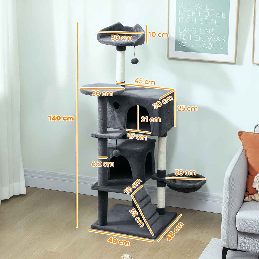 140cm Tall Cat Tree with 2 Houses, Bed and Hammock for 2-3 Cats, Plush Cover, Grey