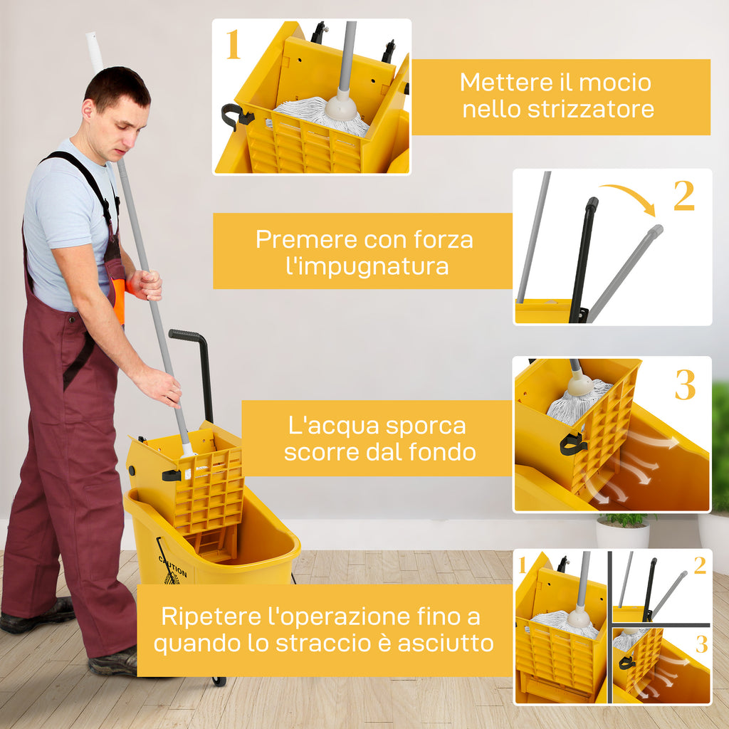 Professional 36L Mop Bucket with Mop, Wringer, Wheels and Handle, 55x37x65 cm, Yellow