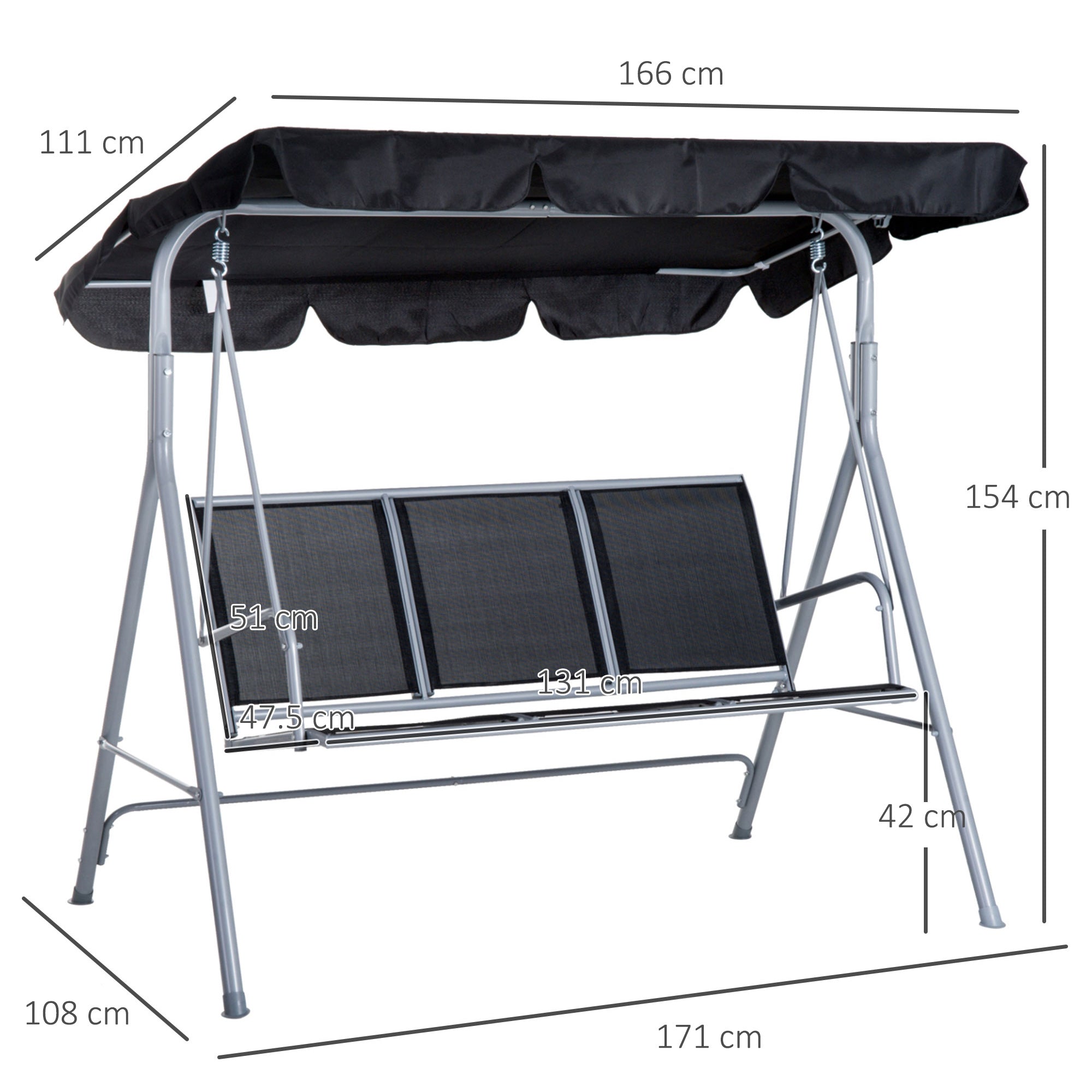 Outsunny 3-Seater Metal Garden Swing, Removable and Washable Sun Canopy, Black and Silver, 171x108x150cm