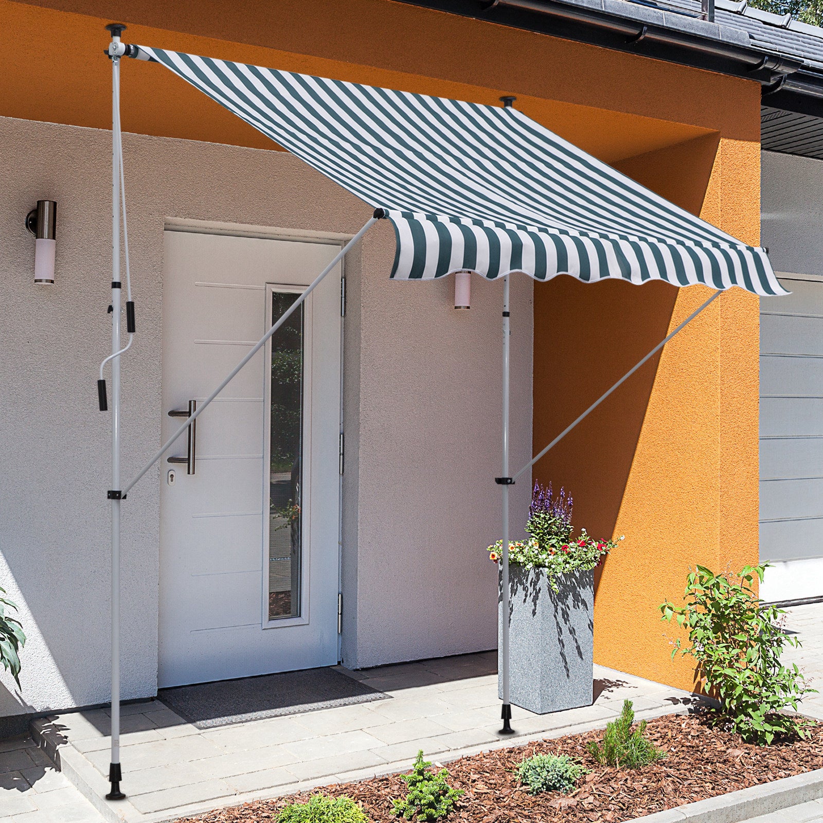Outsunny 2x1.5m Outdoor Roller Awning with Crank, Adjustable Height and Angle, White and Green