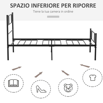 Single Steel Bed Frame 90x200cm with Slats, Headboard and Footboard, Black - Borgè