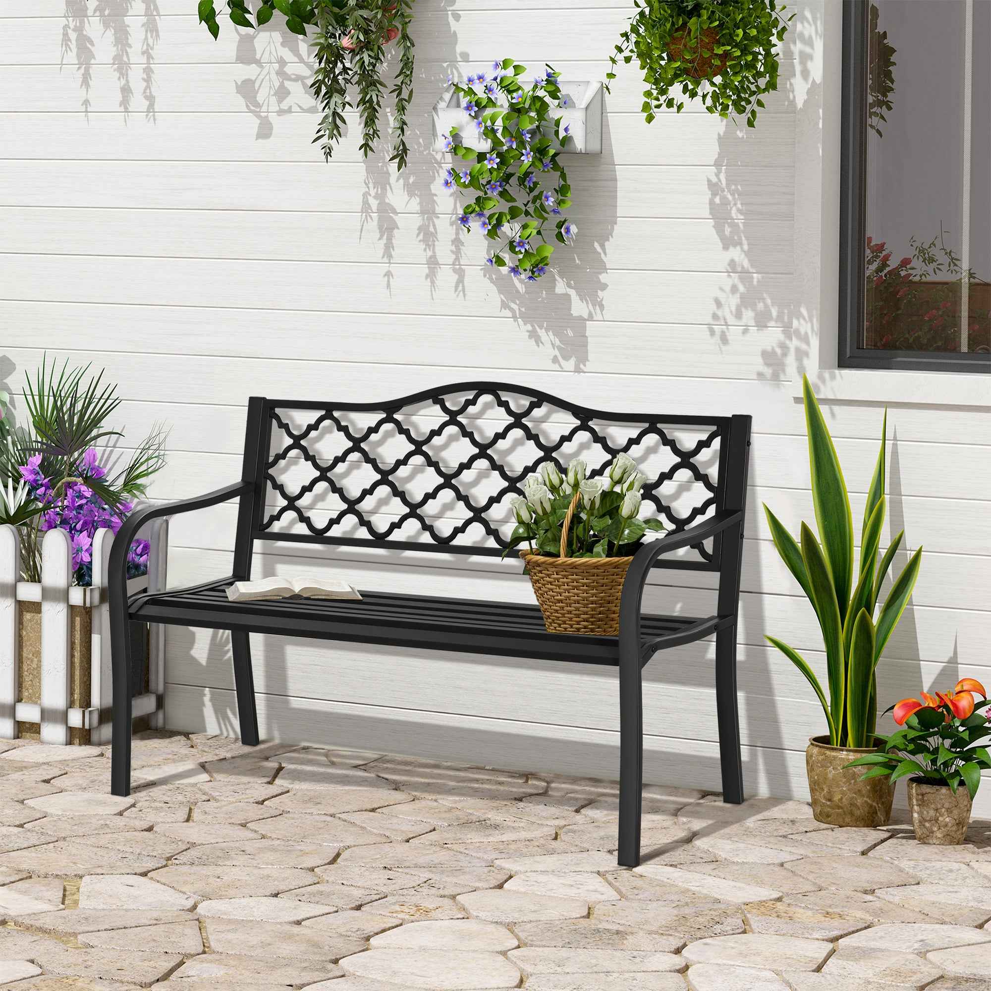 Outsunny 2-Seater Outdoor Bench in Steel and Cast Iron with Armrests and Decorated Backrest, 128x58.5x89cm, Black