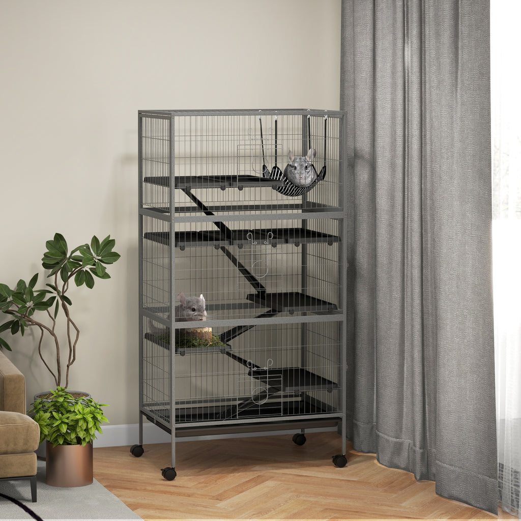 PawHut Rabbit Cage with 4 Entrances at Multiple Levels with Hammock, Steel and PP, 80x52x159 cm - Borgè
