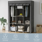 Wardrobe in Non-Woven Fabric and Steel with 8 Shelves and 2 Bars, 125x43x162.5 cm, Charcoal Gray