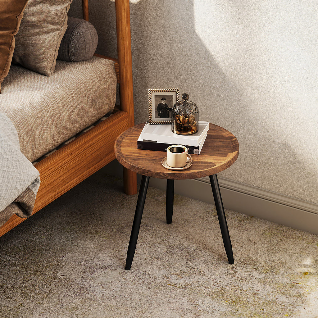 Round Coffee Table with Raised Edge and 3 Legs, in Wood and Steel, Ø40x39 cm, Black and Wood Color