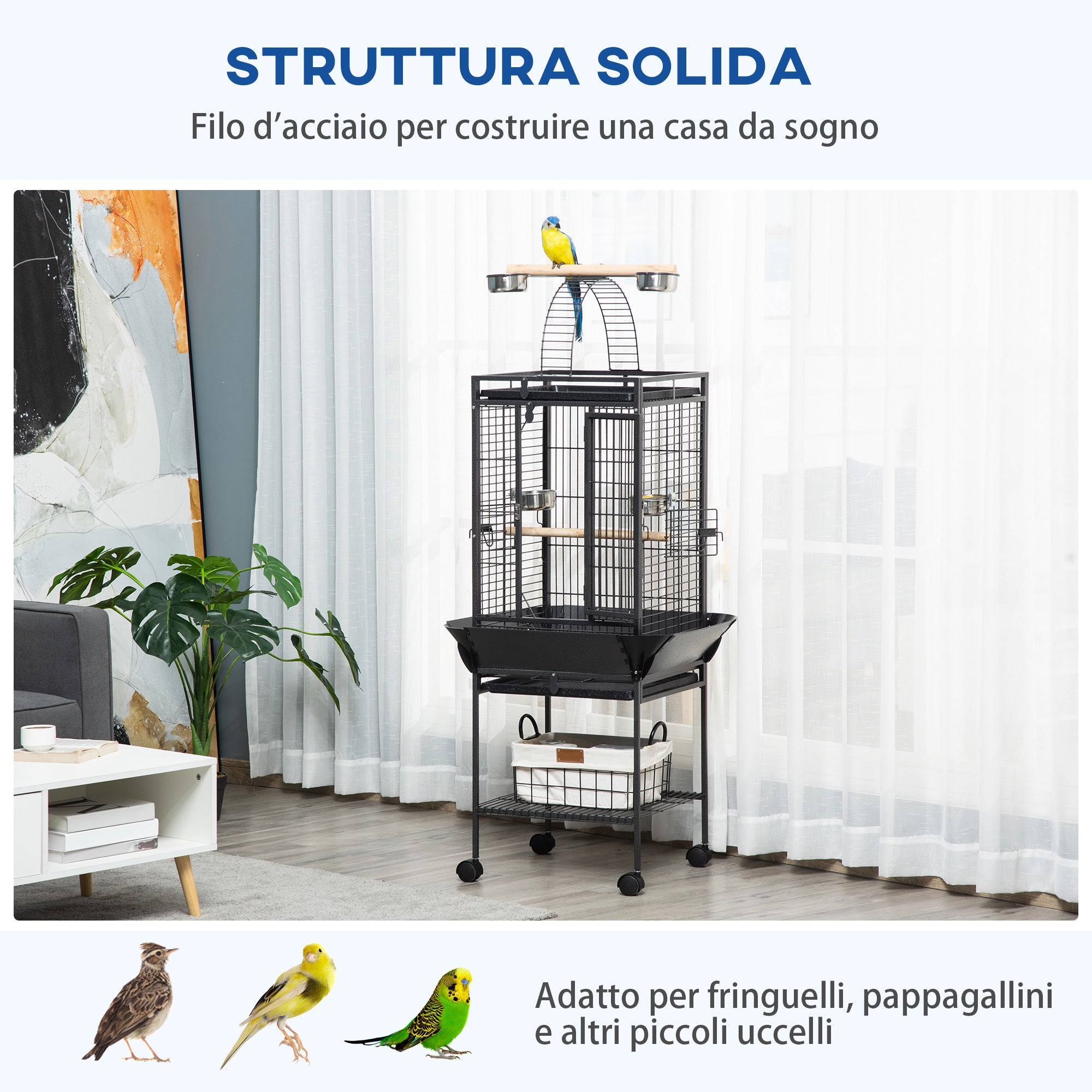 Pawhut cage for parrots with 2 posees and arched staircase, steel, 62.5x62.5x156 cm, gray - Borgè