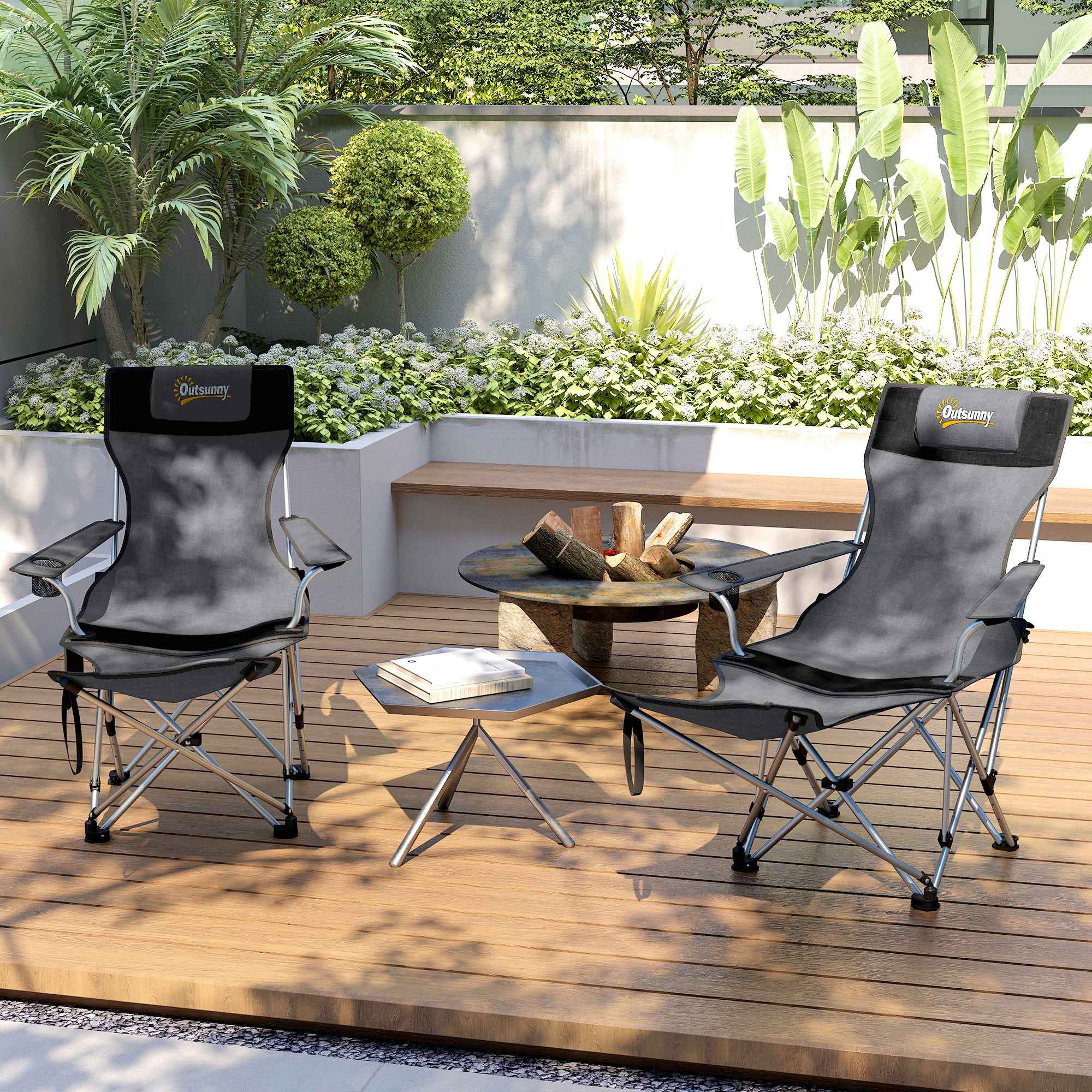 Outsunny Set of 2 Folding Camping Chairs with Footrest and Cup Holder, 82x50/100x88 cm, Grey
