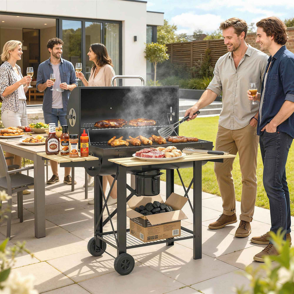 Outsunny Charcoal Barbecue, Mobile Grill with Folding Shelves and Thermometer