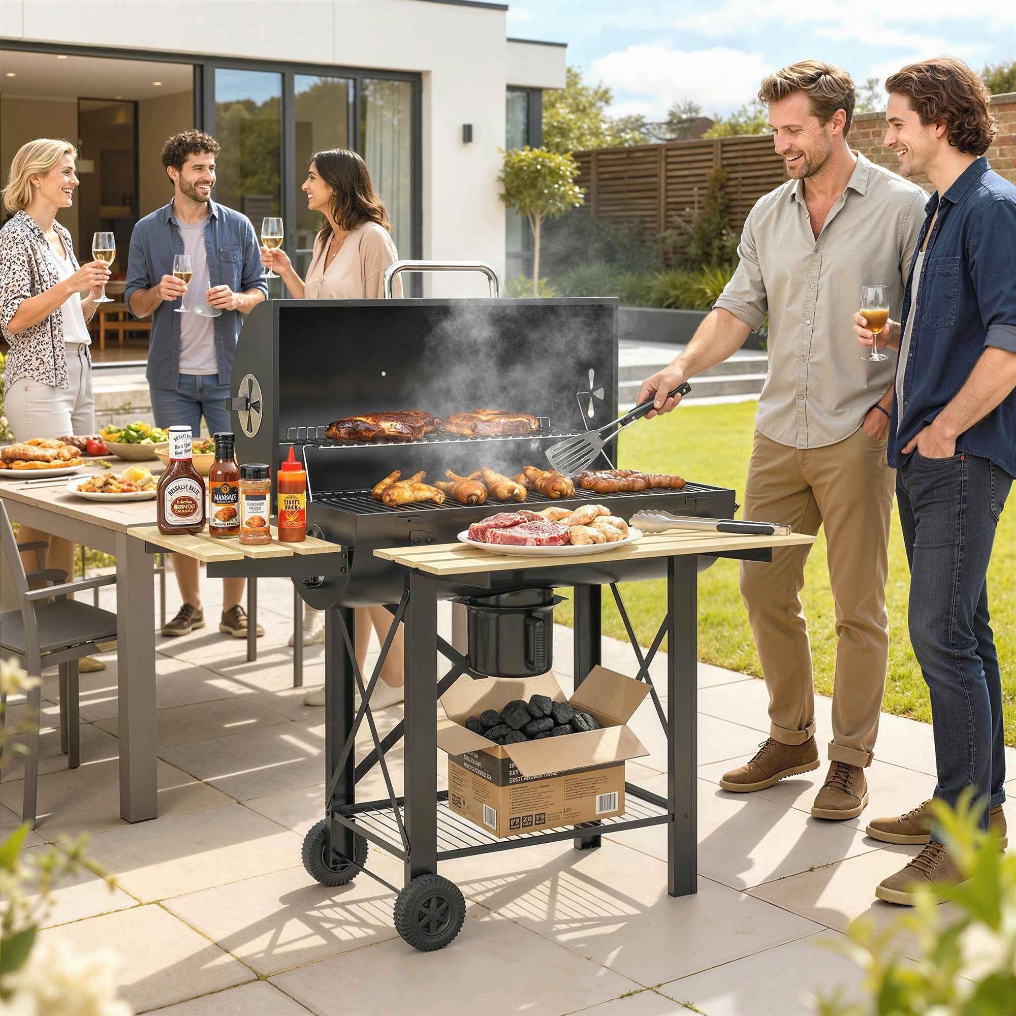 Outsunny Charcoal Barbecue, Mobile Grill with Folding Shelves and Thermometer