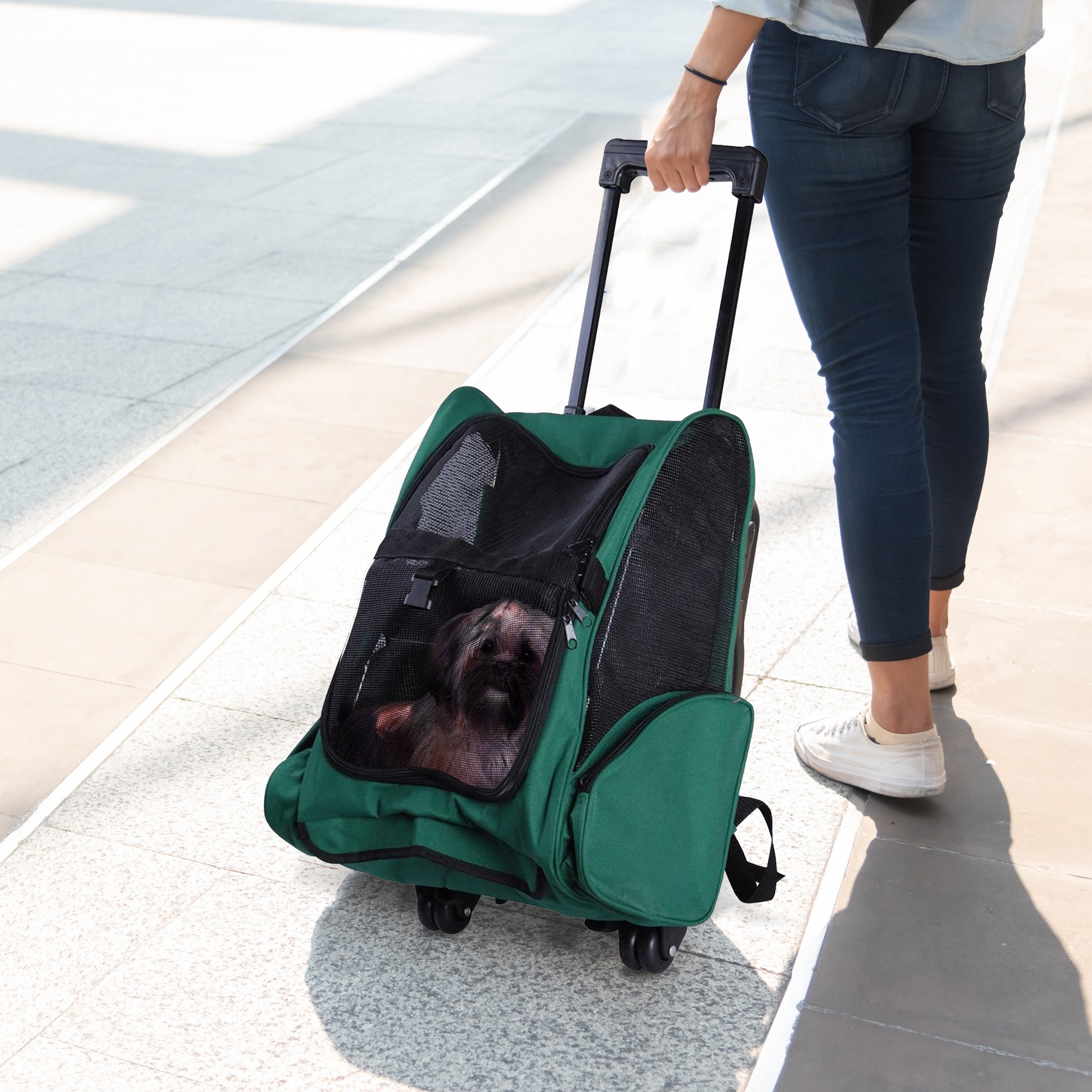 2-in-1 Pet Carrier Backpack for Dogs and Cats with Side Pockets, Telescopic Handle and Wheels, 42x25x55cm, Green
