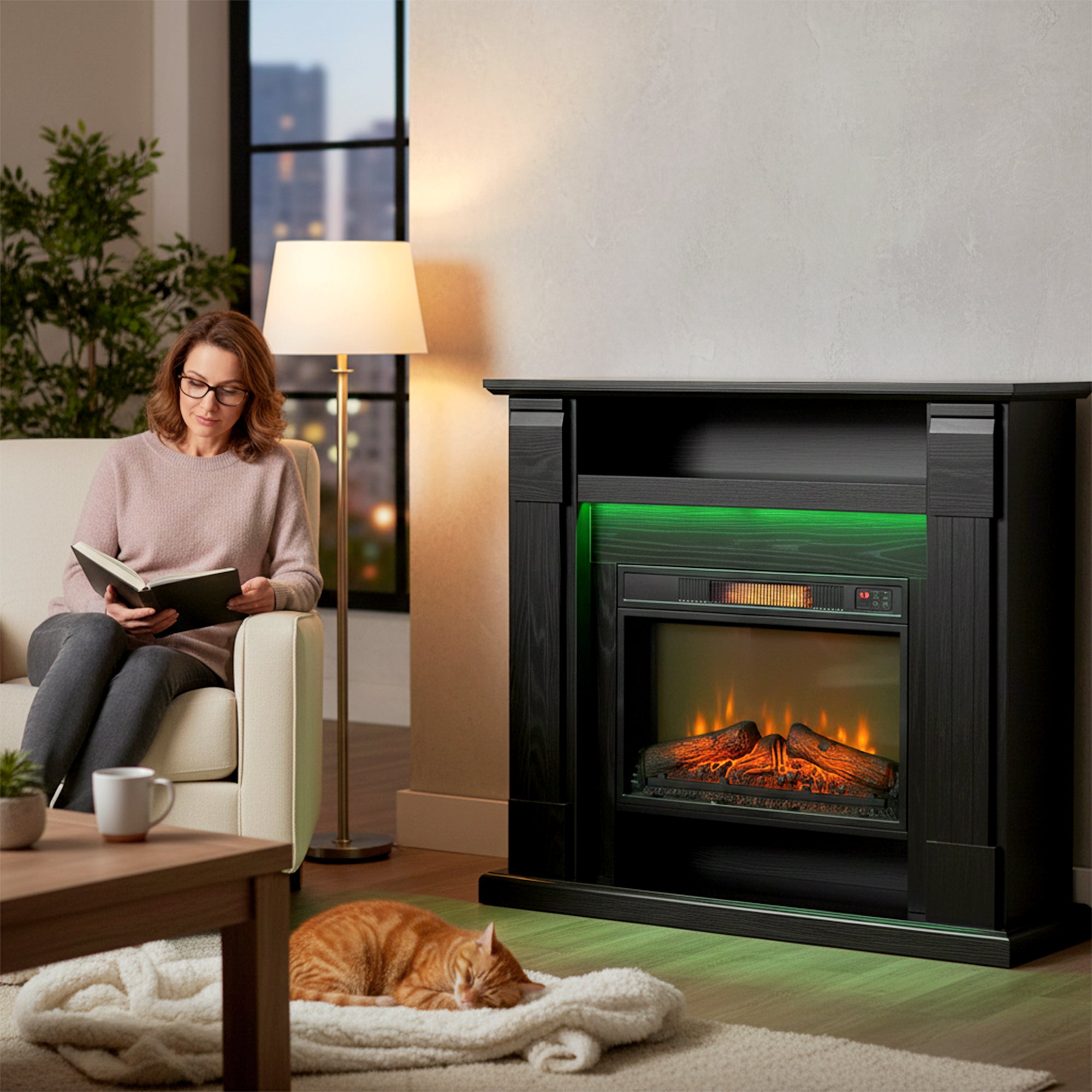 1800W Adjustable Electric Fireplace with 3D Flame, Shelf, Timer and Remote Control, 105x27x97 cm, Black