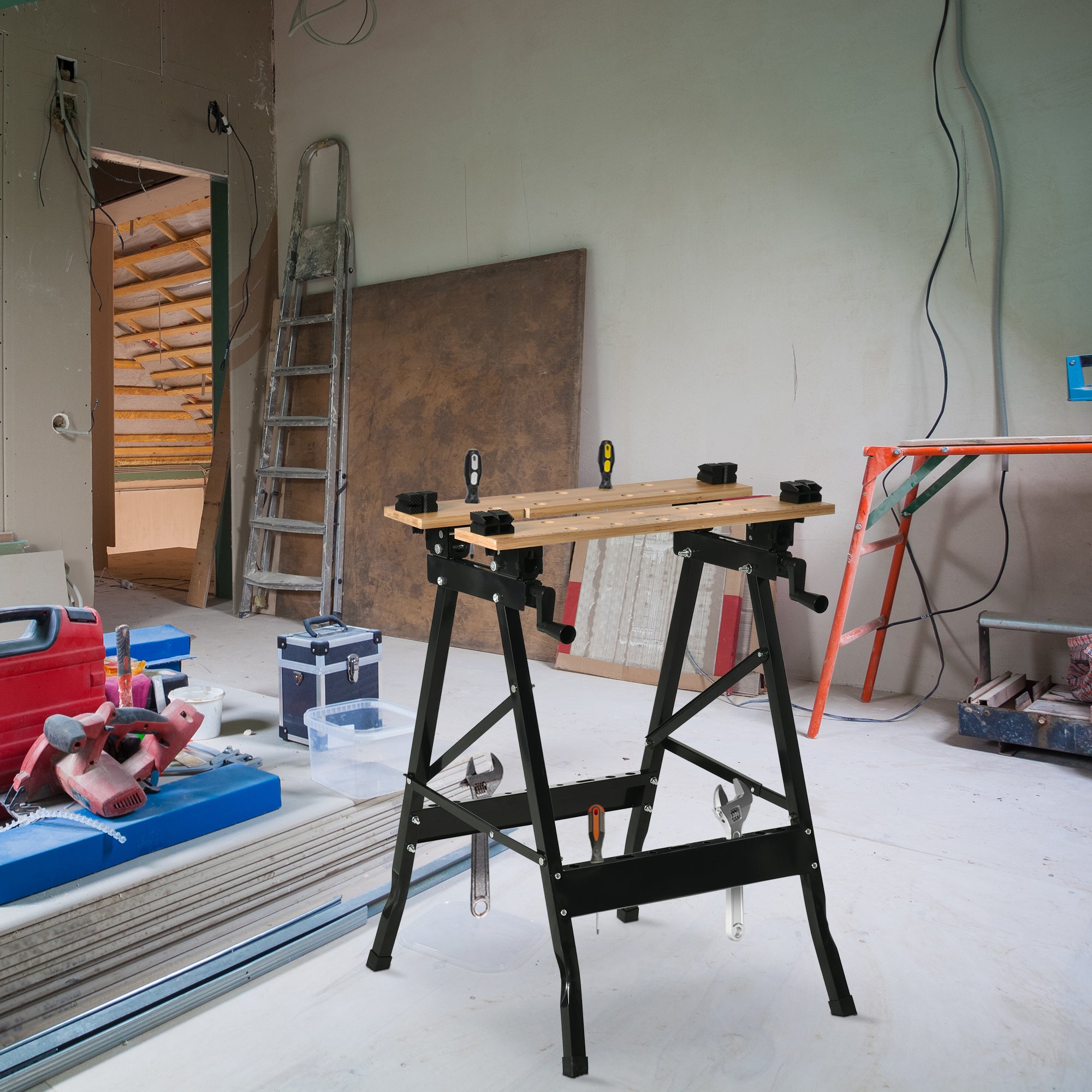 Folding Workbench with 4 Vices, Ruler and Protractor, 150 kg Capacity, Black and Wood