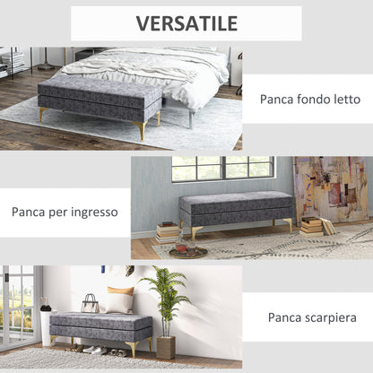 2-Layer Bed End Bench in Velvet Effect Fabric and Steel, 121x50.5x46.5 cm, Dark Grey and Gold