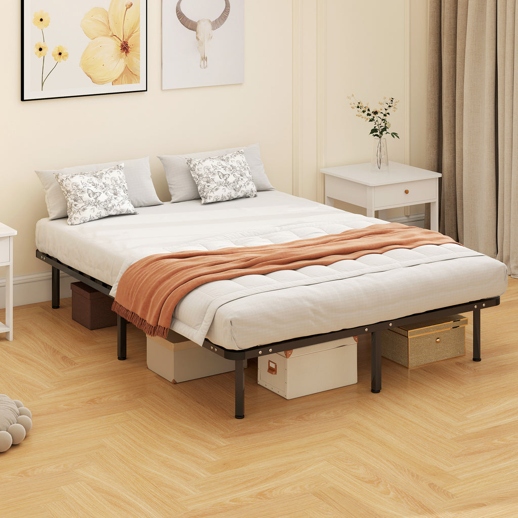HOMCOM Industrial Double Bed with 28 Slats and Storage Space, in Wood and Steel, 190x140x31 cm, Black and Wood