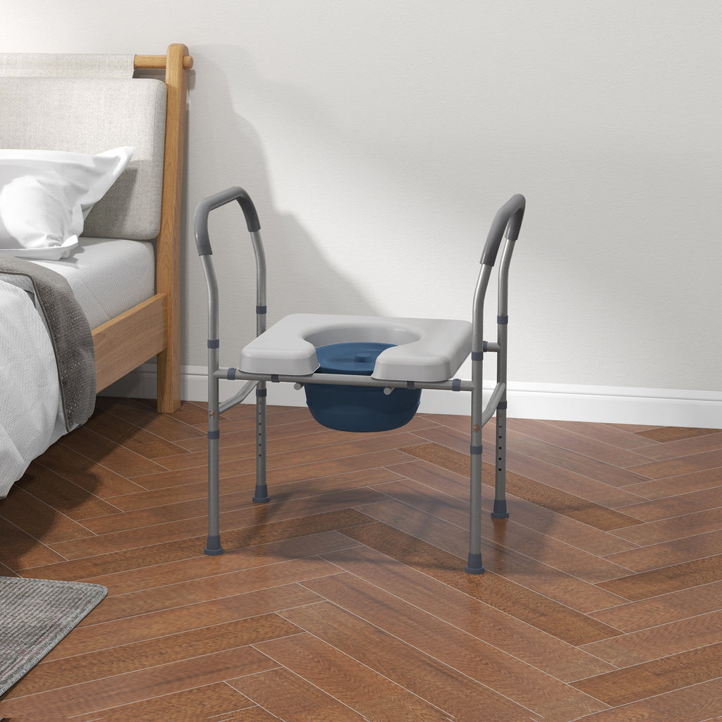 HOMCOM Comfortable WC Chair for the Elderly and Disabled 4 in 1 Height Adjustable with Padded Armrests, Gray - Borgè