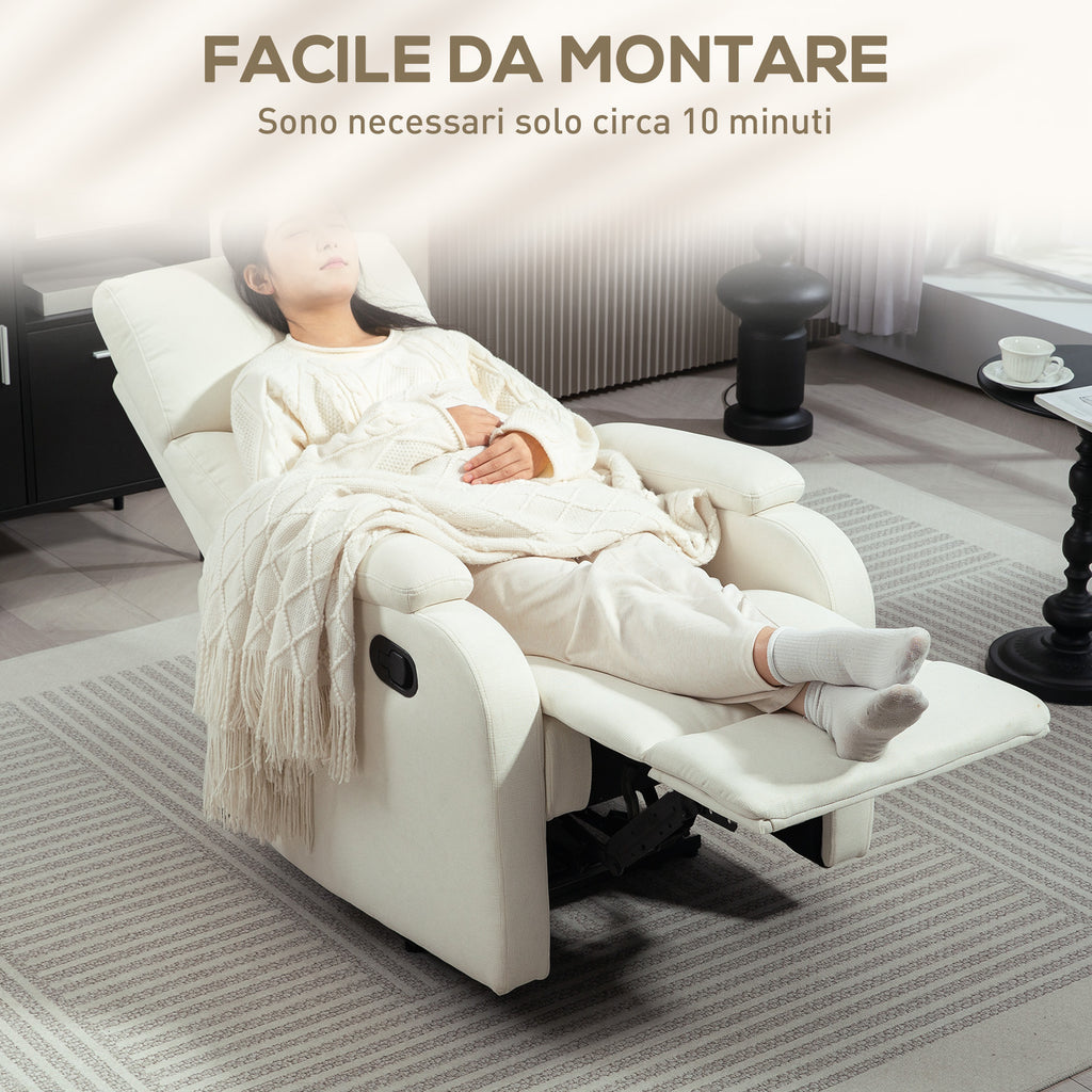 Manually Reclining Armchair at 60° Extra Padded in Fabric with Footrest, Cream