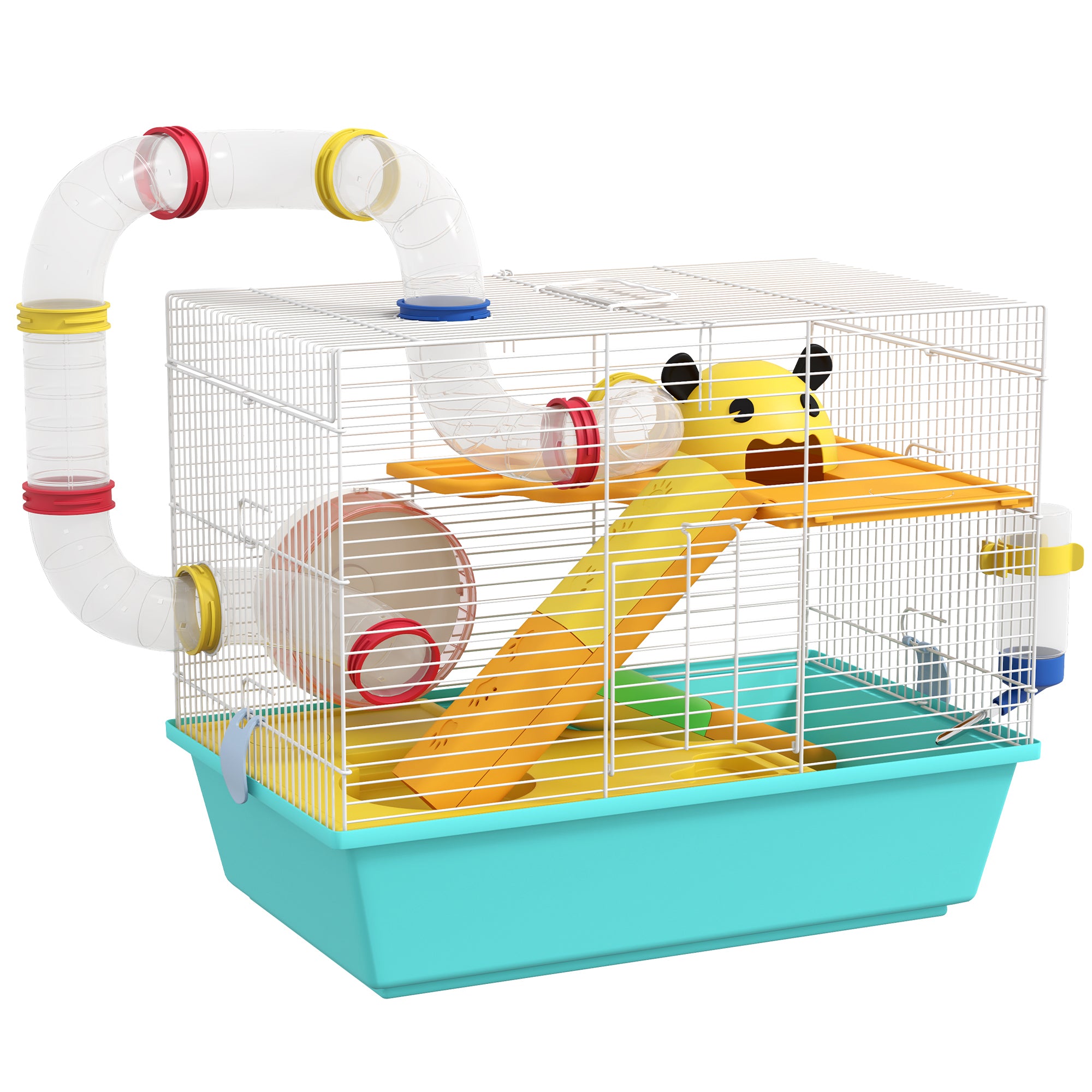 PawHut Hamster Cage with Wheel, House, Bowl, Ramps and Tank, in Steel, PS and PP, 45x28x37 cm, White and Blue