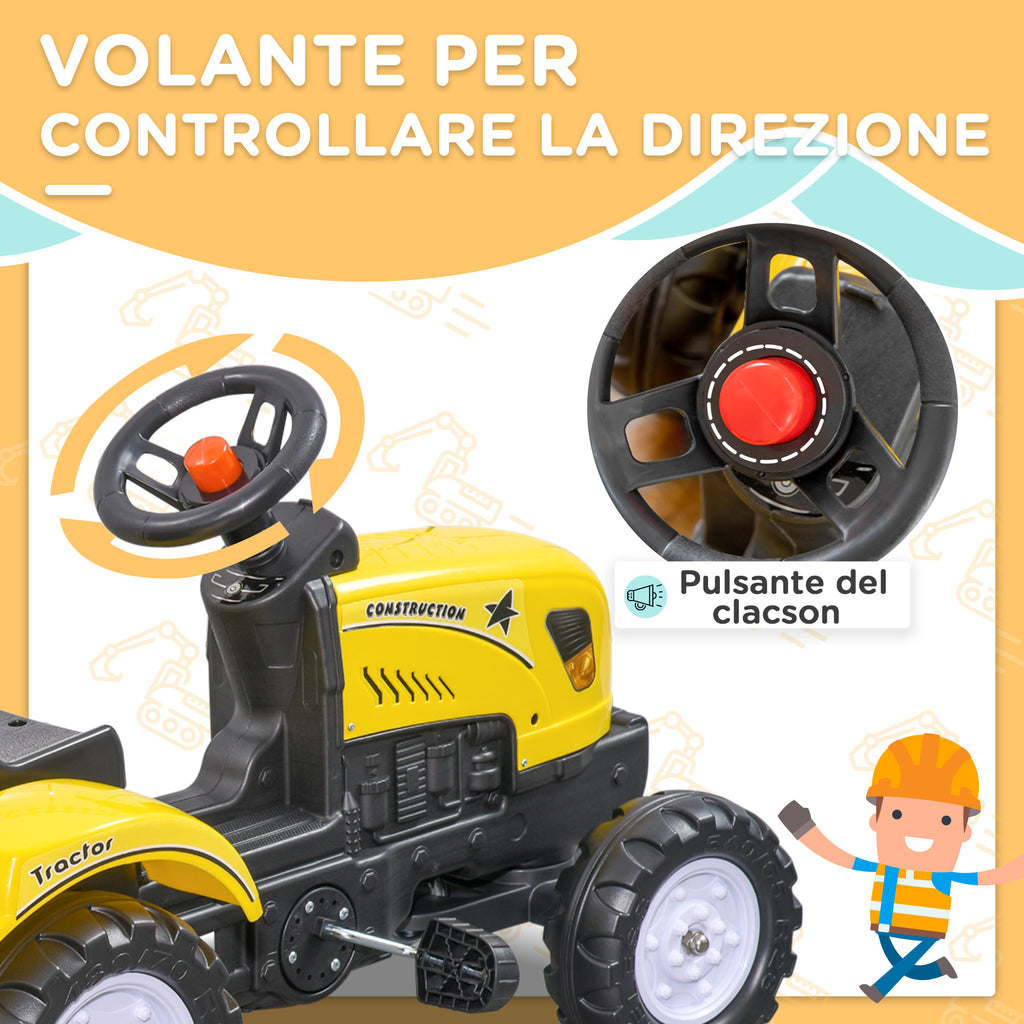 Pedal Tractor for Children from 3+ Years with Trailer, Rake, Shovel and Horn, Yellow
