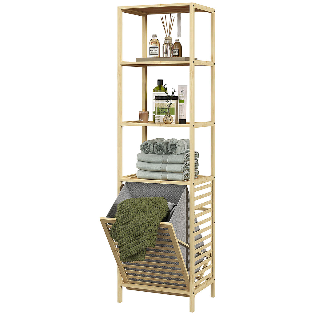 HOMCOM Bathroom Column with 3 Bamboo Wood Shelves and Fabric Laundry Basket, 44x33x160cm - Borgè