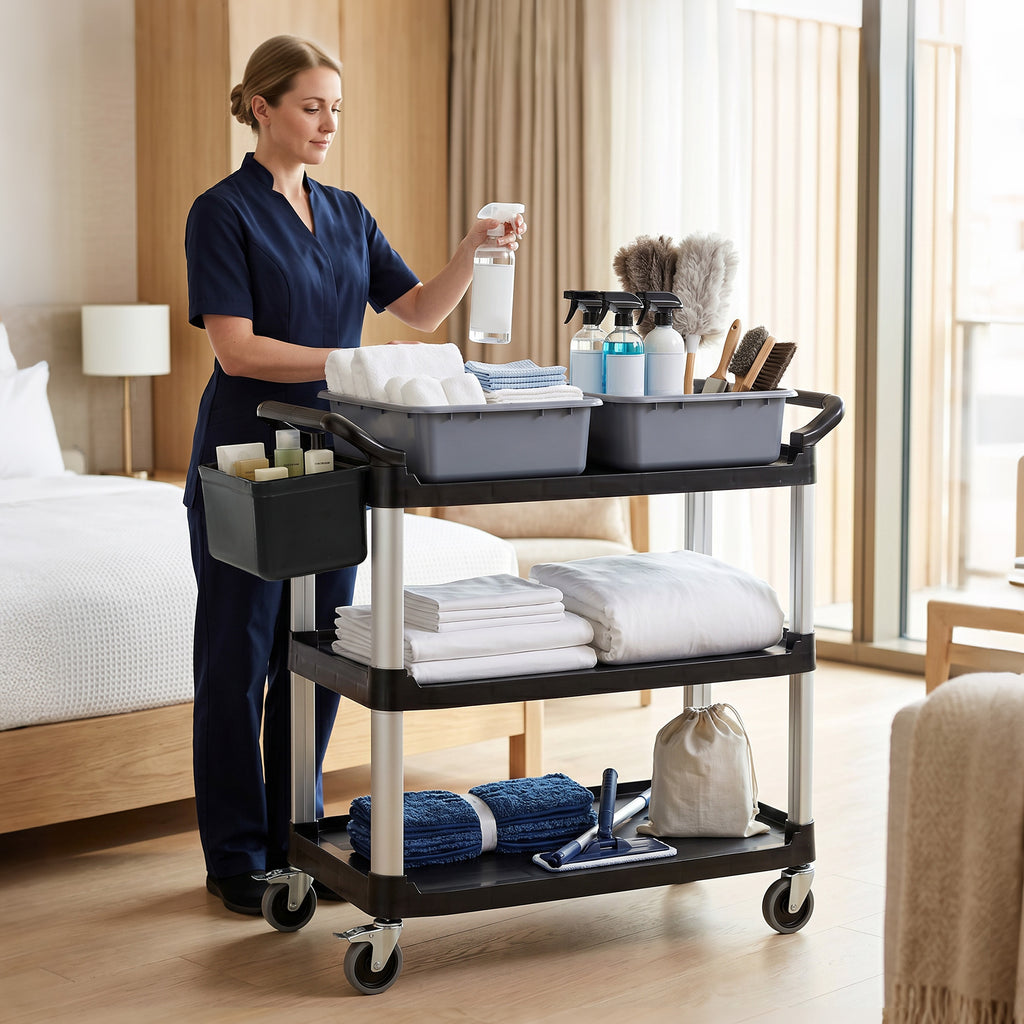 HOMCOM Professional 3-Tier Cleaning Cart with 2 Removable Bins, Side Bin and 4 Wheels, Black