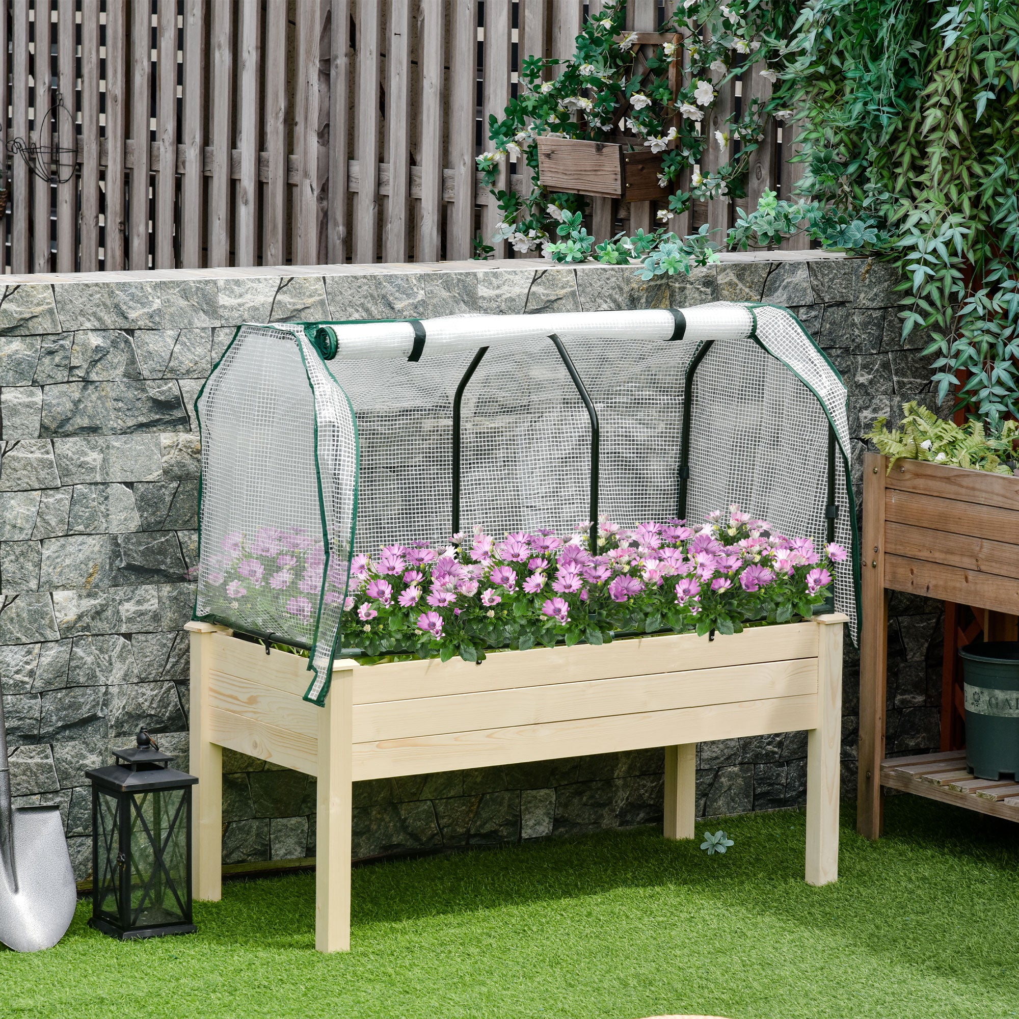 Vegetable Garden Bed with Greenhouse, Outdoor Plant Holder in Wood and PE for Flowers and Vegetables, 121x55x117cm