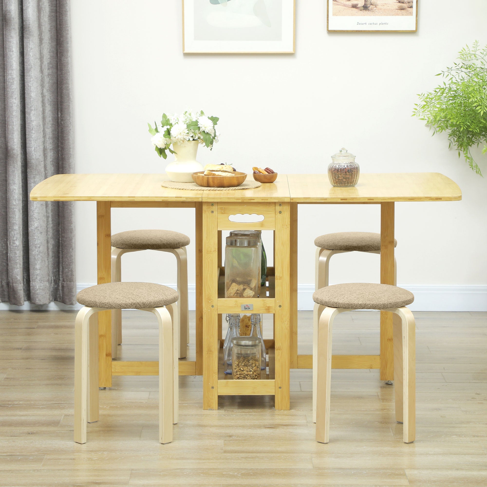 Set of 4 Stackable and Padded Stools with Fabric Upholstery and Wooden Legs, Khaki