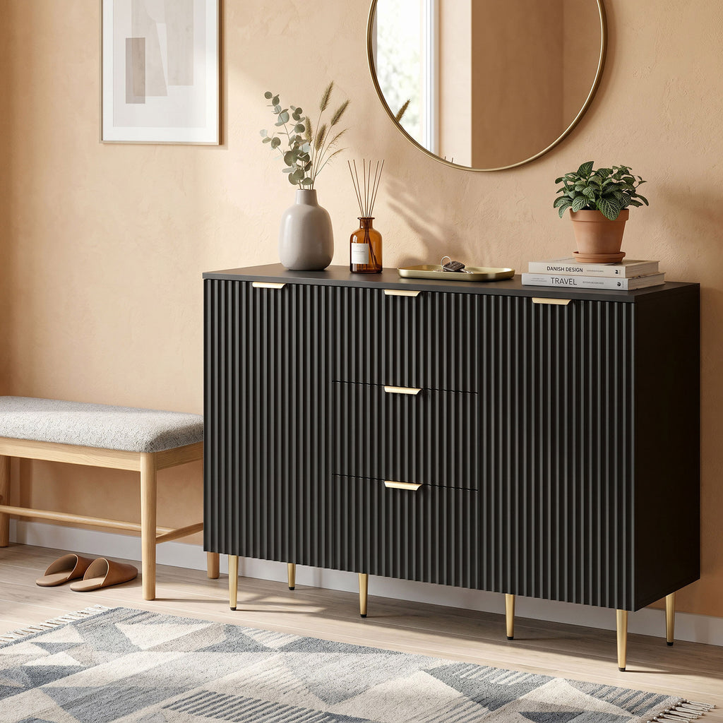 HOMCOM Modern Sideboard with 3 Drawers, 2 Cabinets and Adjustable Shelves, Wood and Metal, Black