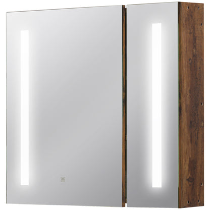 kleankin Bathroom Mirror with Adjustable LED Lights, 2 Doors and Adjustable Shelf, 70x15x65cm, Brown - Borgè