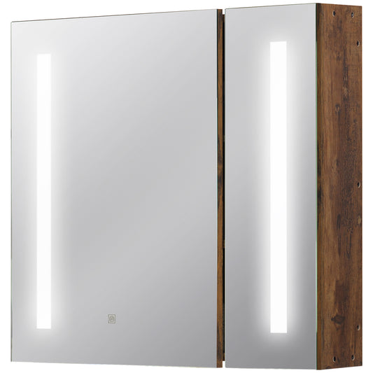 kleankin Bathroom Mirror with Adjustable LED Lights, 2 Doors and Adjustable Shelf, 70x15x65cm, Brown