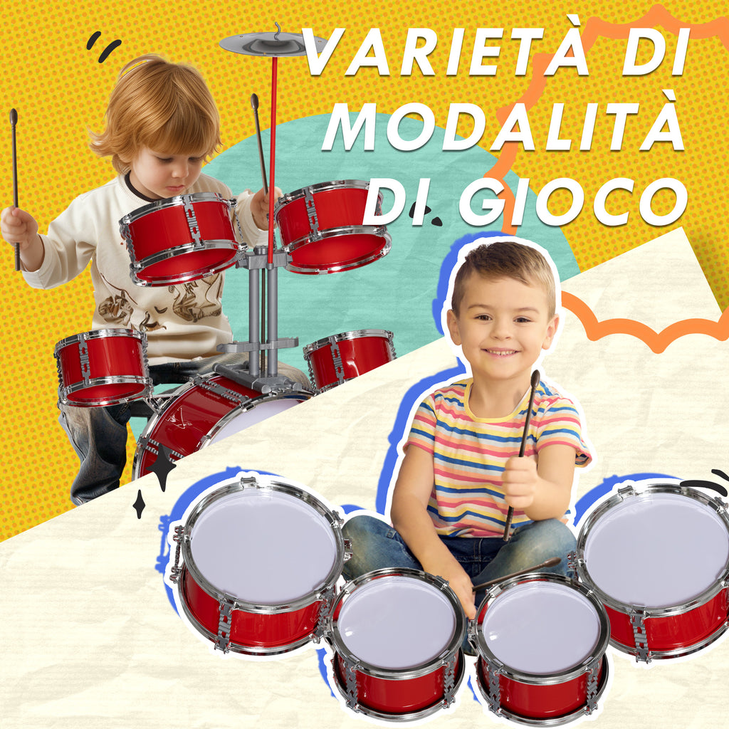5-Piece Kids Drum Set with Bass Drum with Pedal, Drumsticks, Cymbal and Stool, Ages 3-6 Years, Red