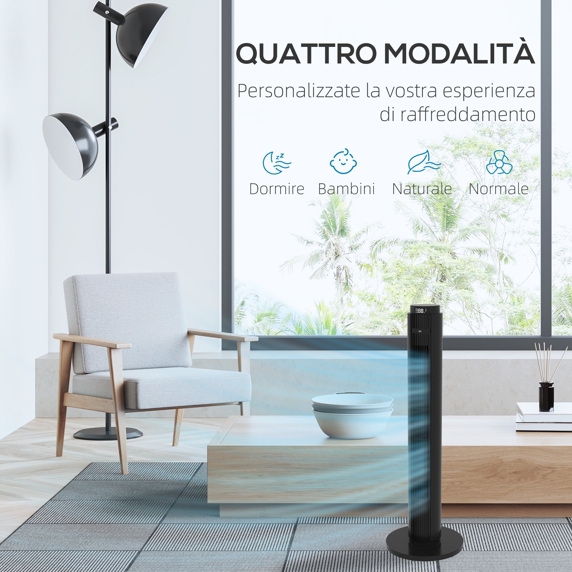 45W Tower Fan with 4 Modes and 3 Speeds with 12h Timer, in ABS, Ø31.5x96 cm, Black - Borgè