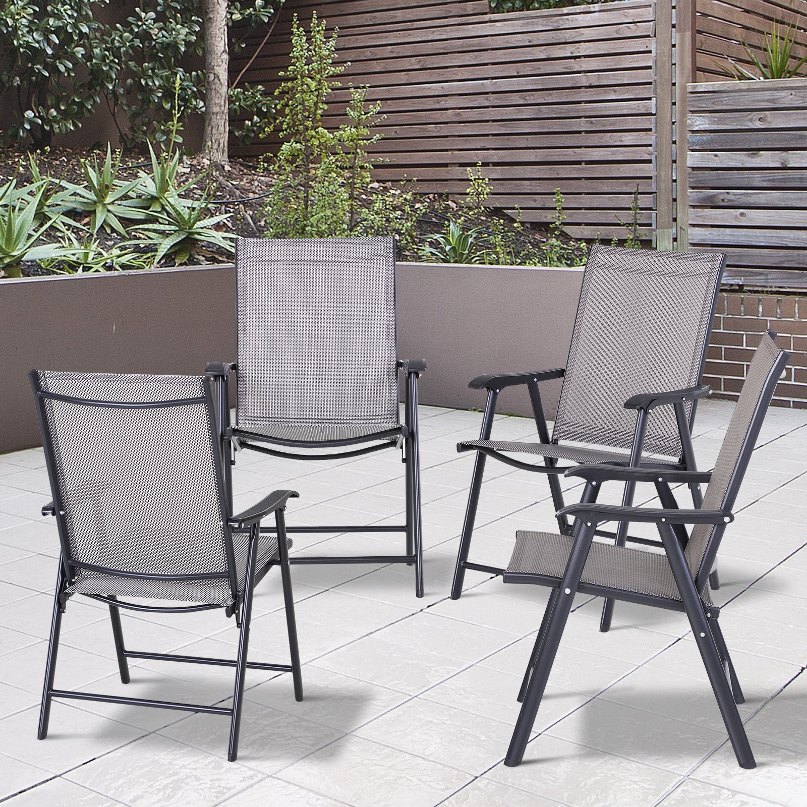 Set of 4 Folding Outdoor Chairs in Steel and Textilene for Garden, Veranda, Terrace, Grey, 58 x 64 x 94cm