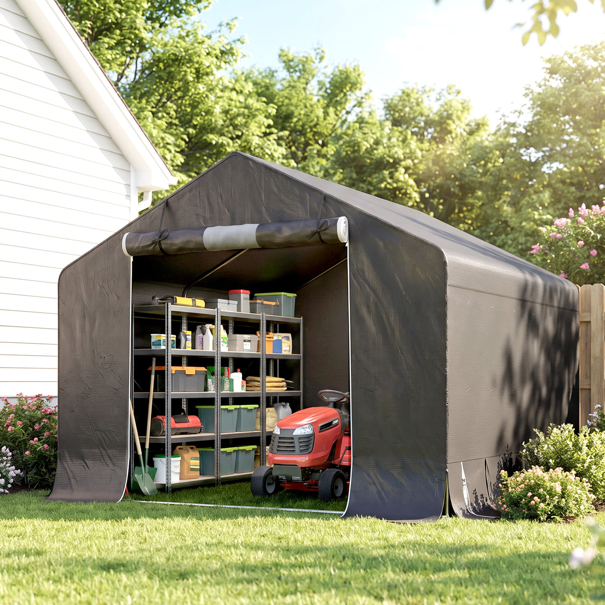 Outsunny 3x3m Waterproof Outdoor Motorcycle Garage Storage Shelter with Door and Roll-Up Vents, for Bikes and Tools, Dark Grey