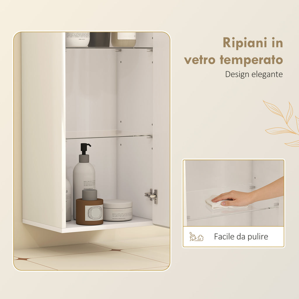 HOMCOM Bathroom Cabinet with 2 Adjustable Glass Shelves and Handleless Door, Gloss White