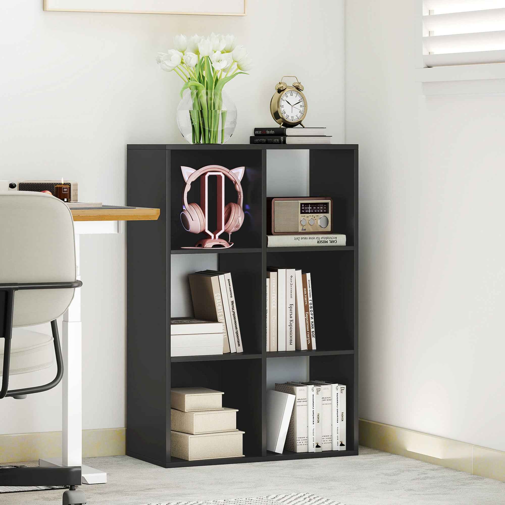 HOMCOM Cube Bookcase with 6 Storage Shelves, Wooden, 61.5 x 29.5 x 91.5 cm, Black