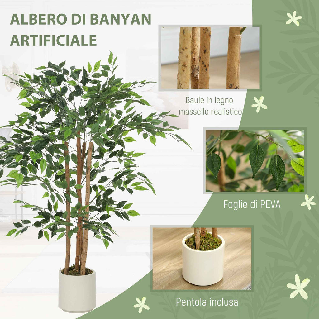 HOMCOM Artificial Green Banyan Tree Plant in PEVA and Wood with PP and Cement Container Pot, 55x55x120 cm