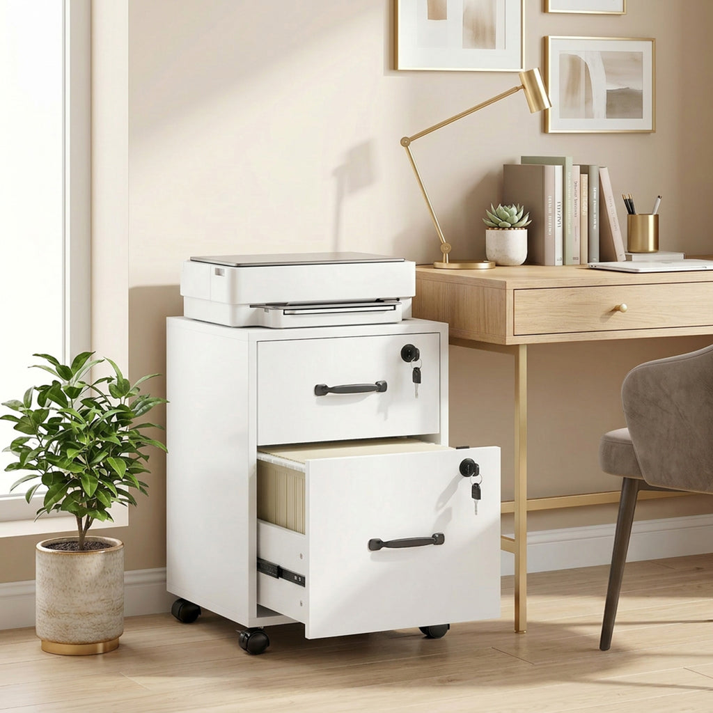 HOMCOM Office Filing Cabinet with 2 Drawers, Lockable Castors, Desk Drawer Unit for Letter/A4 Size, 40x40x54.1 cm, White