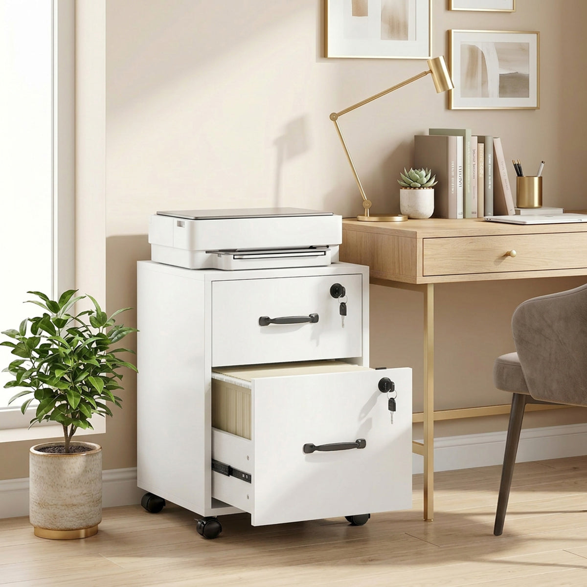 HOMCOM Office Filing Cabinet with 2 Drawers, Lockable Castors, Desk Drawer Unit for Letter/A4 Size, 40x40x54.1 cm, White
