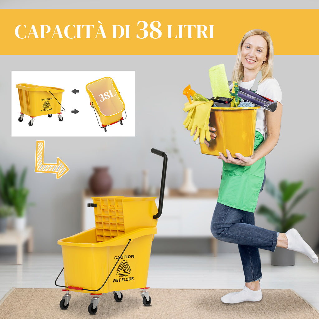 Professional 36L Mop Bucket with Mop, Wringer, Wheels and Handle, 55x37x65 cm, Yellow
