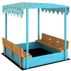 Sandpit for Children 3-6 Years with Dinosaur Canopy, Folding Seats, Lid and Liner Included, Children's Sandpit in Fir Wood, 134.5x127.5x130 cm, Blue