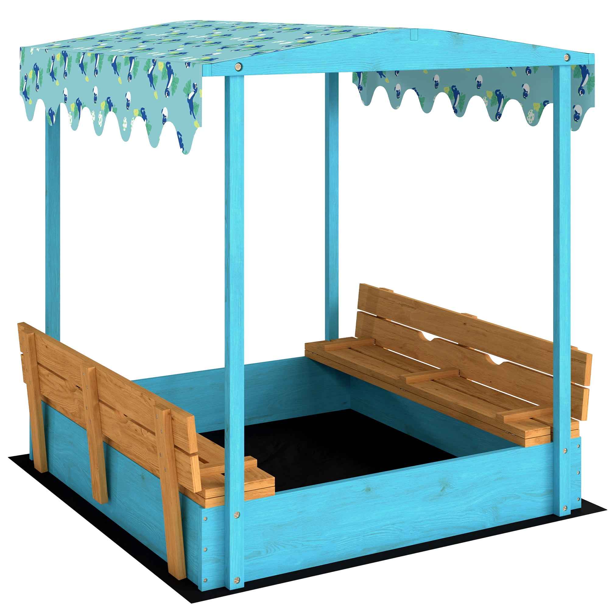 Sandpit for Children 3-6 Years with Dinosaur Canopy, Folding Seats, Lid and Liner Included, Children's Sandpit in Fir Wood, 134.5x127.5x130 cm, Blue